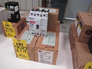 LOT (5) BREAKERS, CIRCUIT TYPE, 60 AMP RATING, 480 VOLT RATING, 3 POLE, THERMAL MAGNETIC KIND. PART # HFD3060 (W-44) LOADING & HANDLING FEE $5-